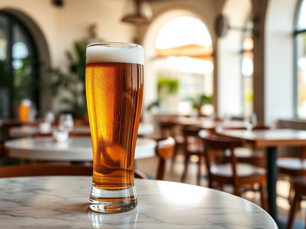 Bier vom Fass — angerichtet auf hellem Marmor, Tageslicht