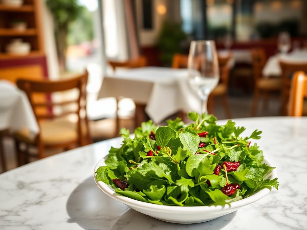 Blattsalat — angerichtet auf hellem Marmor, Tageslicht