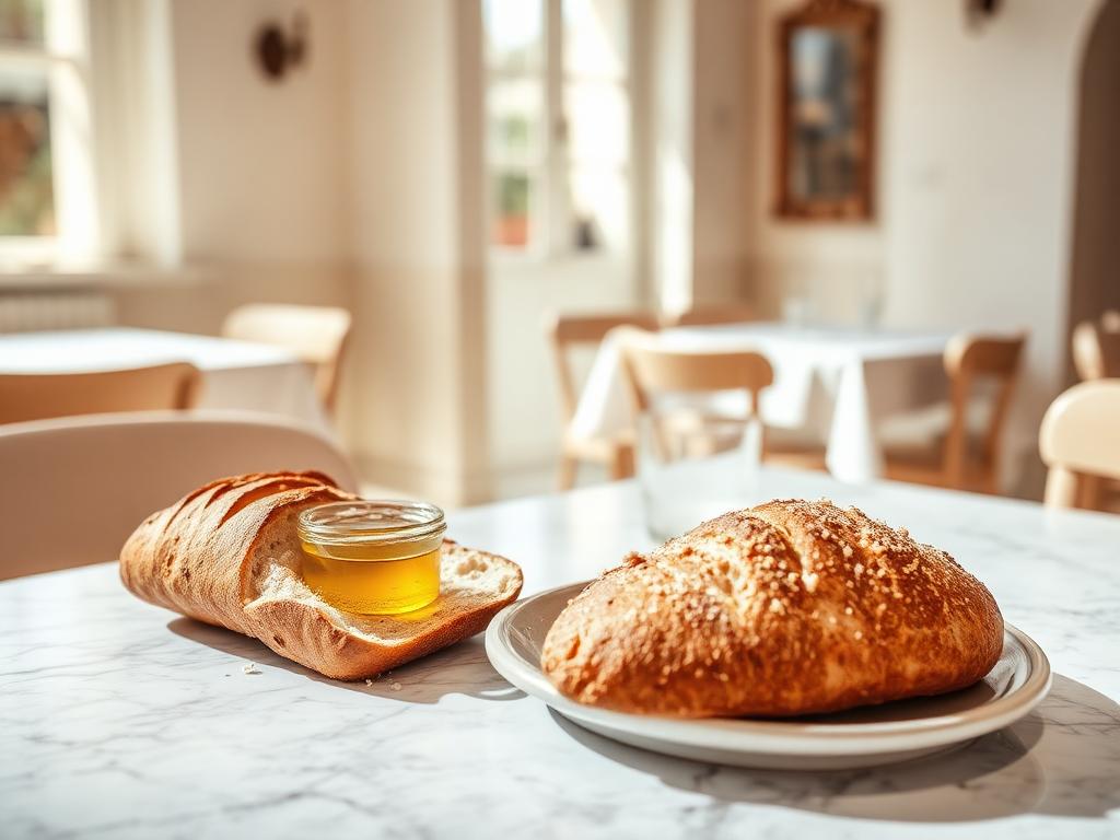 Brot, Öl, Salz — angerichtet auf hellem Marmor, Tageslicht