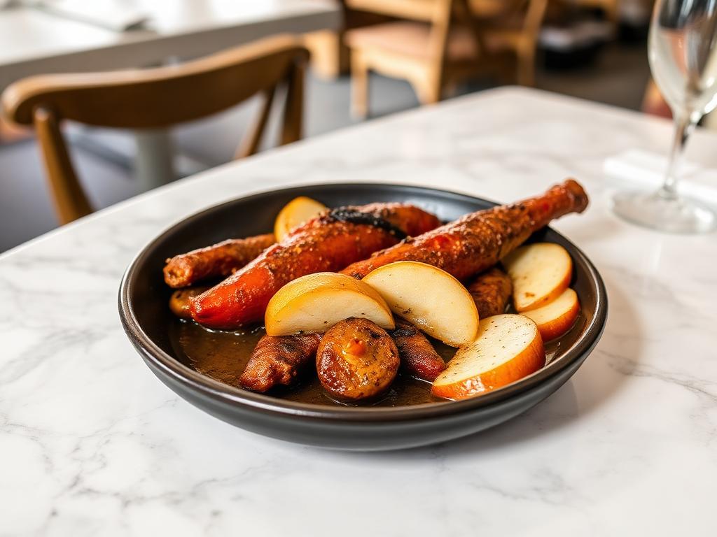 Chorizo in Cidre — angerichtet auf hellem Marmor, Tageslicht