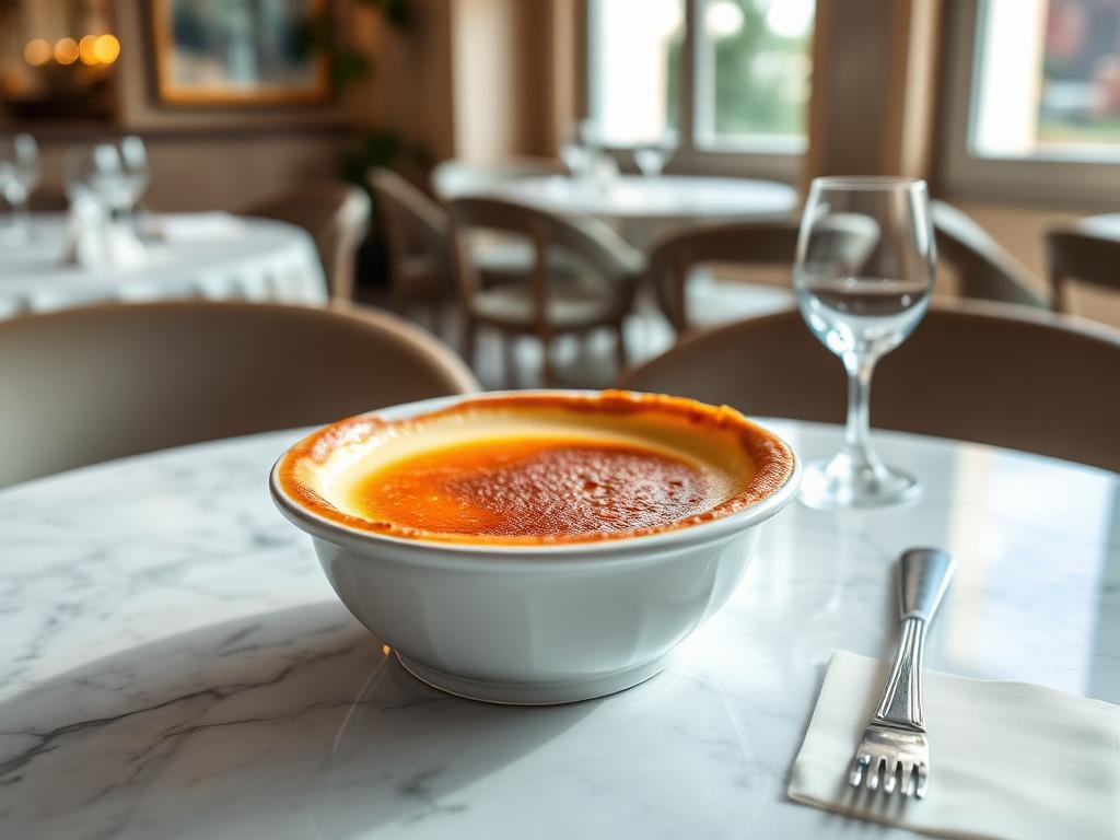 Crema Catalana — angerichtet auf hellem Marmor, Tageslicht