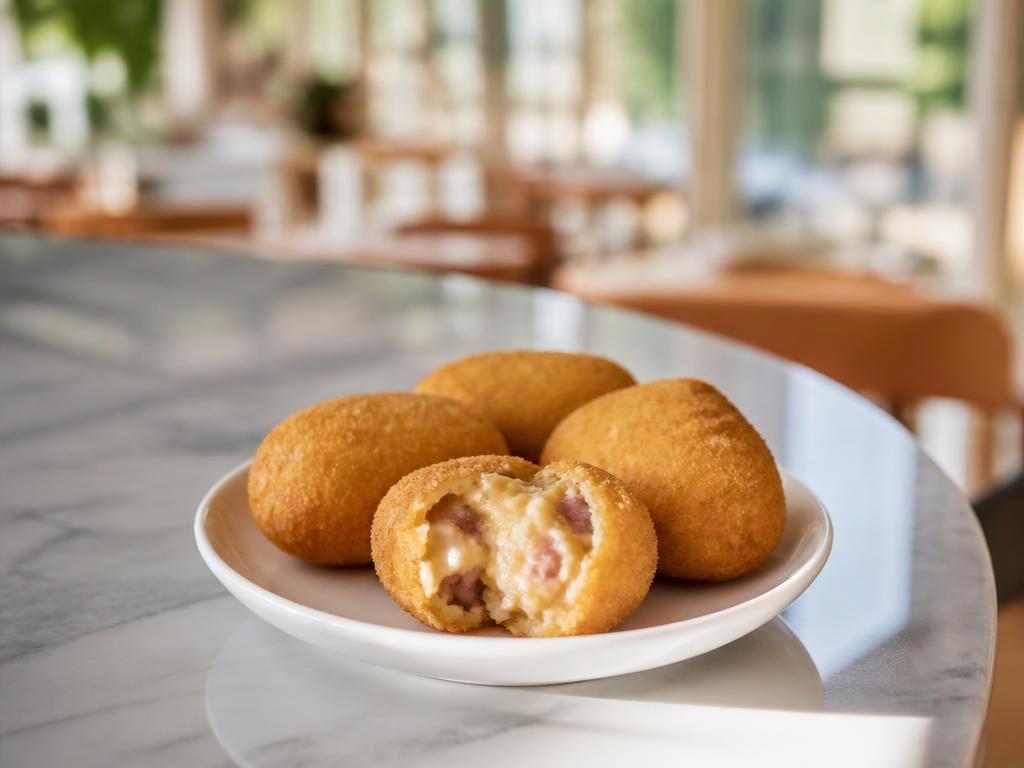 Croquetas — angerichtet auf hellem Marmor, Tageslicht