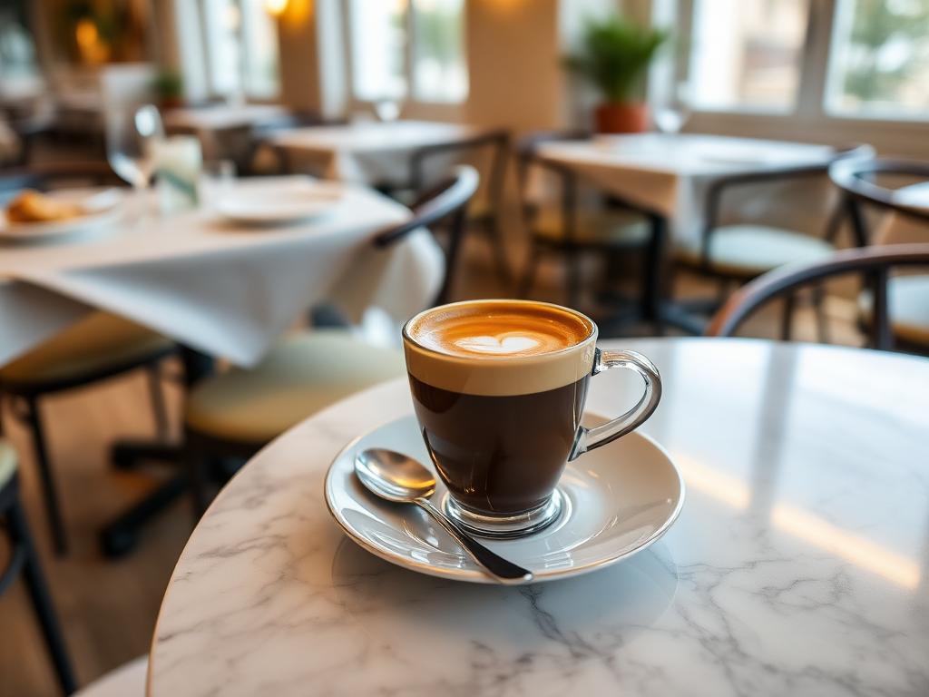 Espresso — angerichtet auf hellem Marmor, Tageslicht