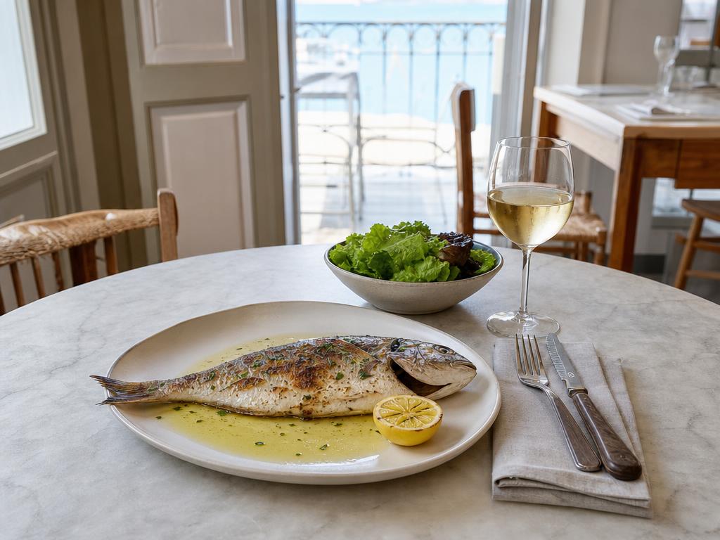 Ganzer Fisch vom Tag — angerichtet auf hellem Marmor, Tageslicht
