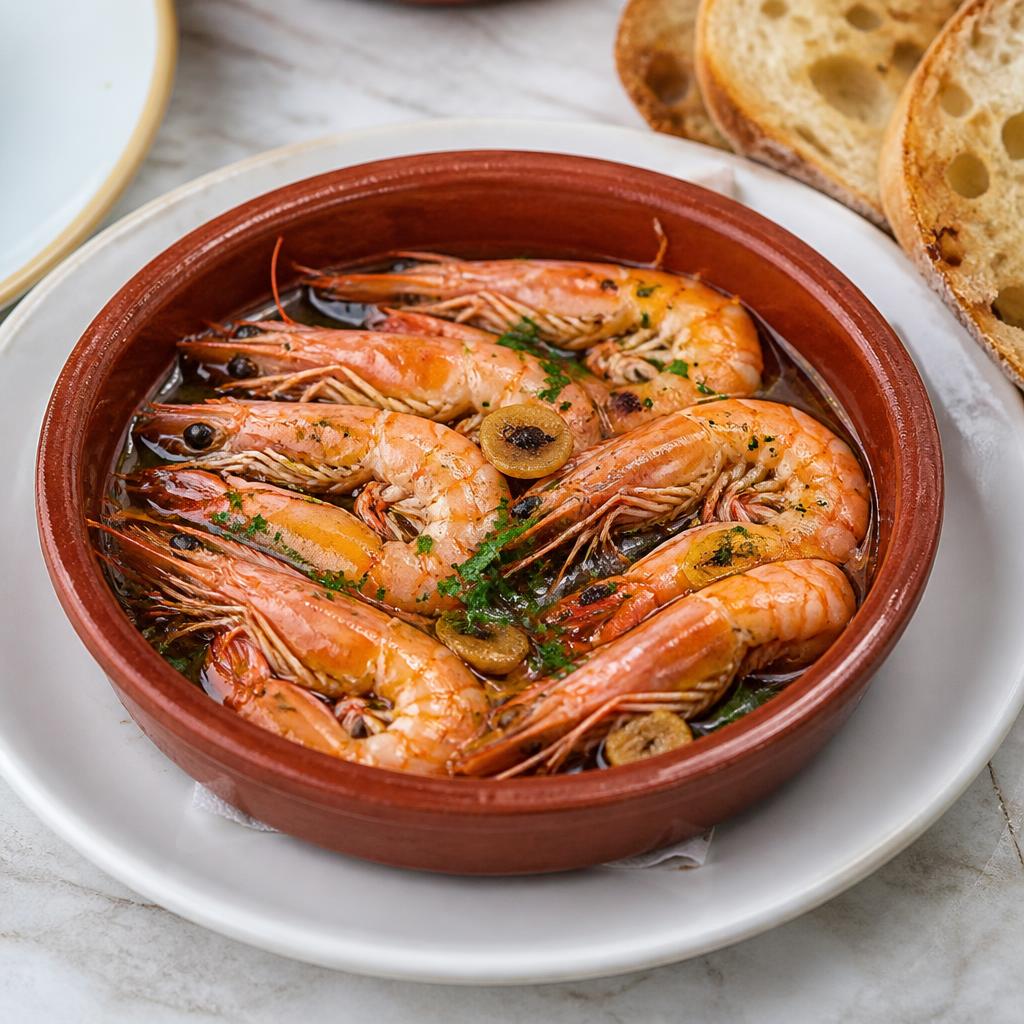 Gambas — angerichtet auf hellem Marmor, Tageslicht