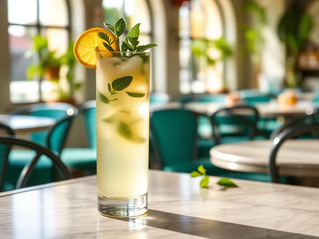 Hauslimonade — angerichtet auf hellem Marmor, Tageslicht