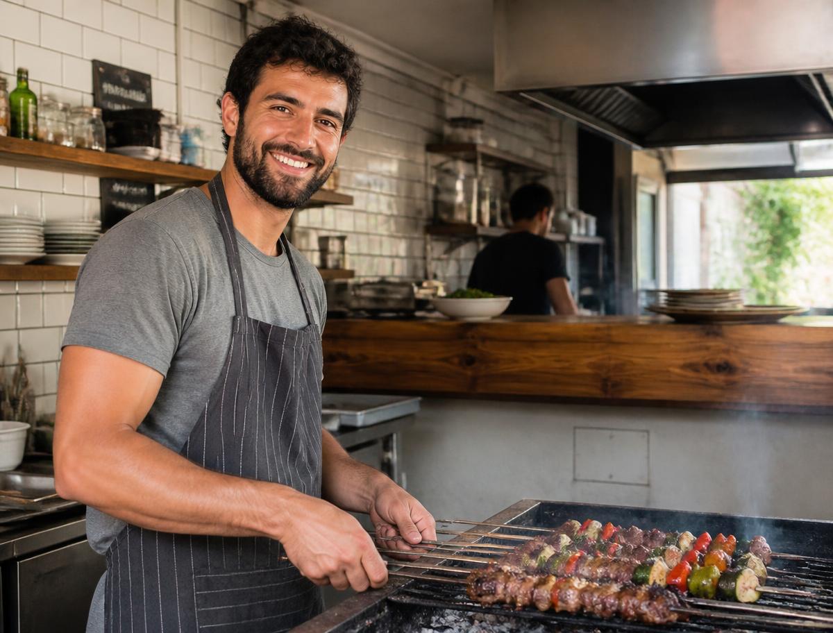 Momo lacht am Holzkohlegrill in der offenen Küche