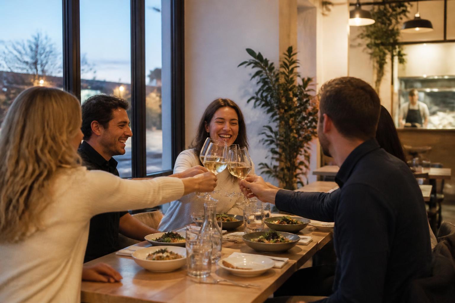 Gäste stoßen bei einbrechender Dämmerung mit Weingläsern an einem hellen Holztisch an