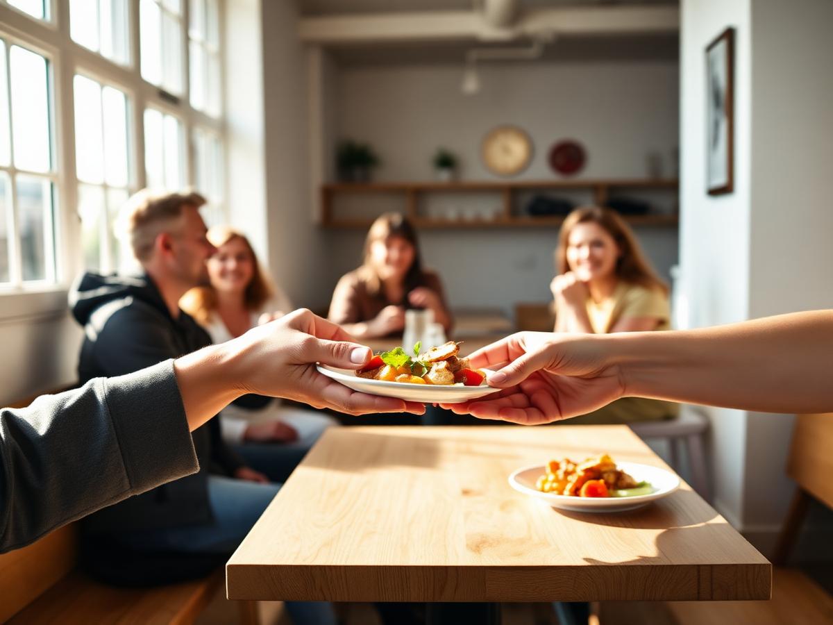 Hände reichen einen kleinen Teller über den Tisch