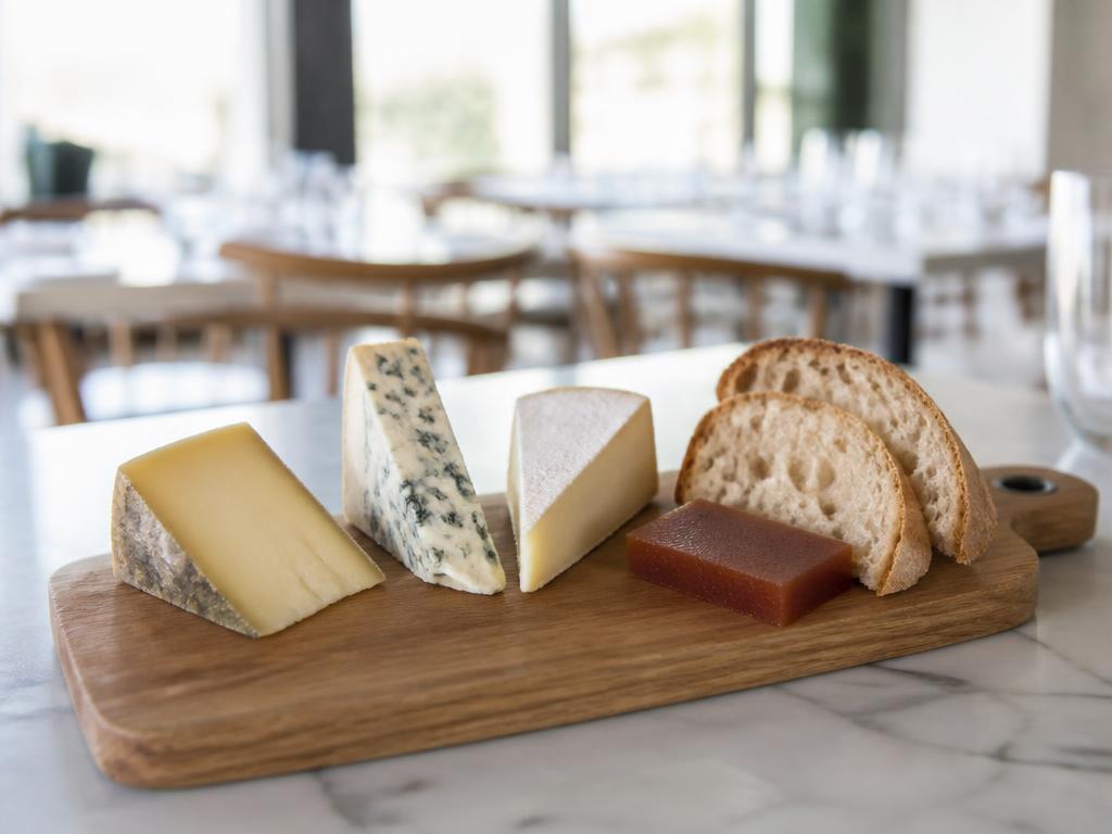 Käse — angerichtet auf hellem Marmor, Tageslicht