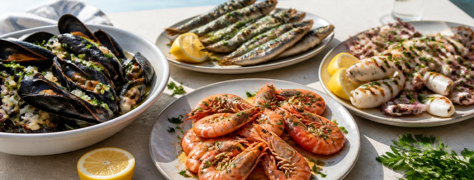 Gegrillter Fisch mit Muscheln auf einem Teller, eine Hand drückt Zitrone aus