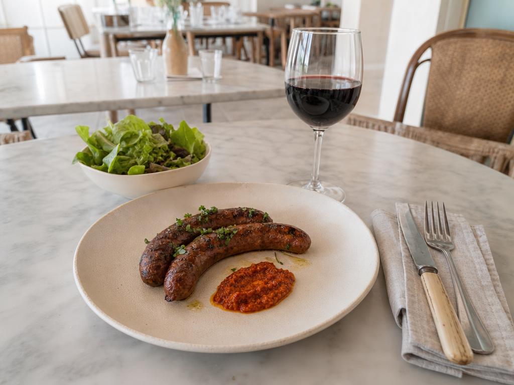 Merguez — angerichtet auf hellem Marmor, Tageslicht