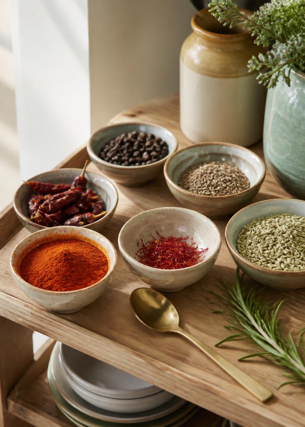 Kleine Keramikschalen mit Paprika, Safran, Fenchelsamen, Pfeffer und getrockneten Chilis auf einem Holzregal