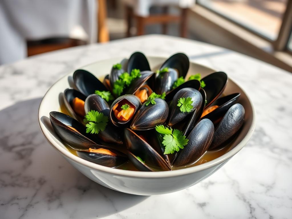 Muscheln — angerichtet auf hellem Marmor, Tageslicht