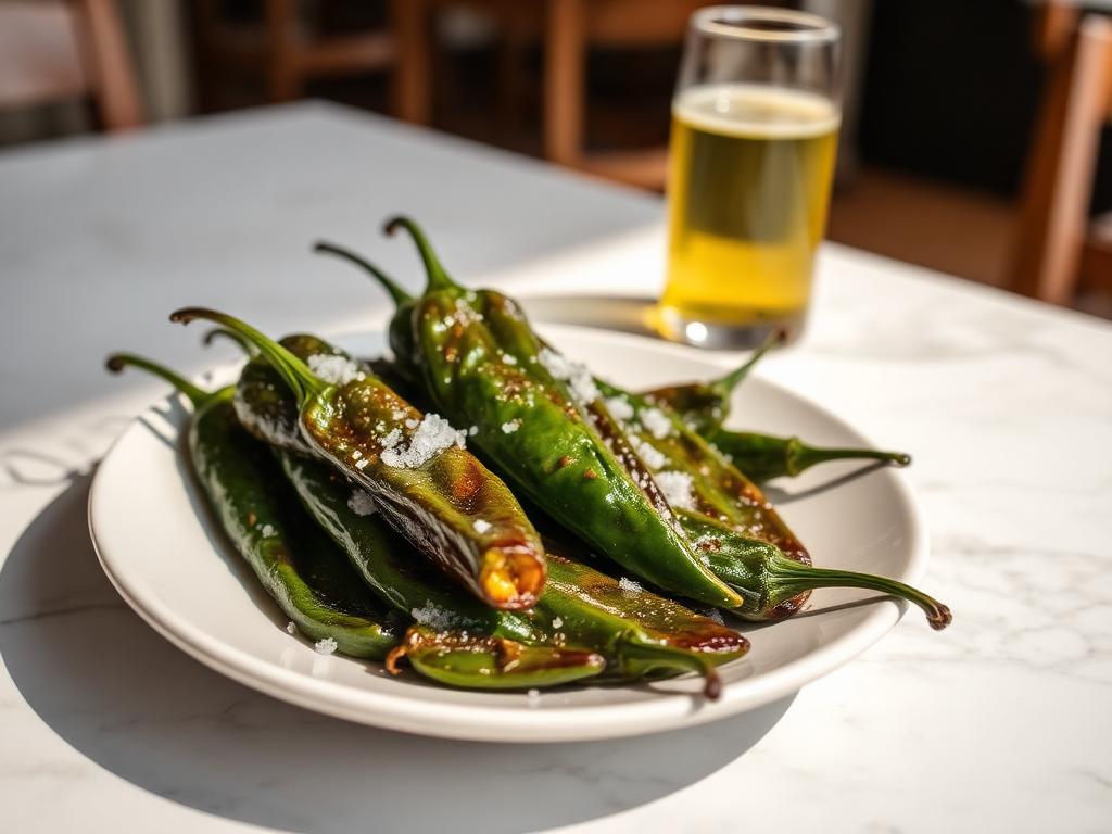 Padrón-Paprika — angerichtet auf hellem Marmor, Tageslicht