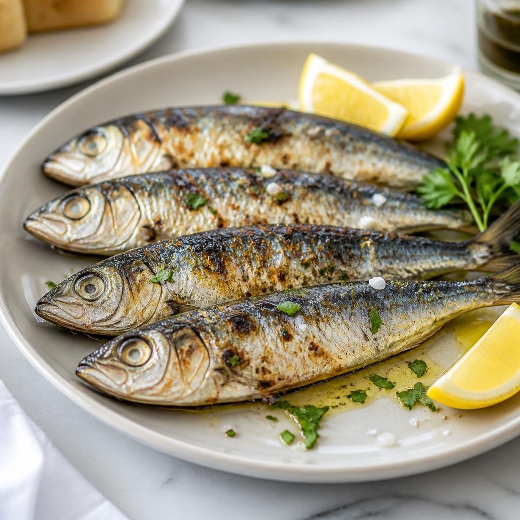 Sardinen vom Grill — angerichtet auf hellem Marmor, Tageslicht