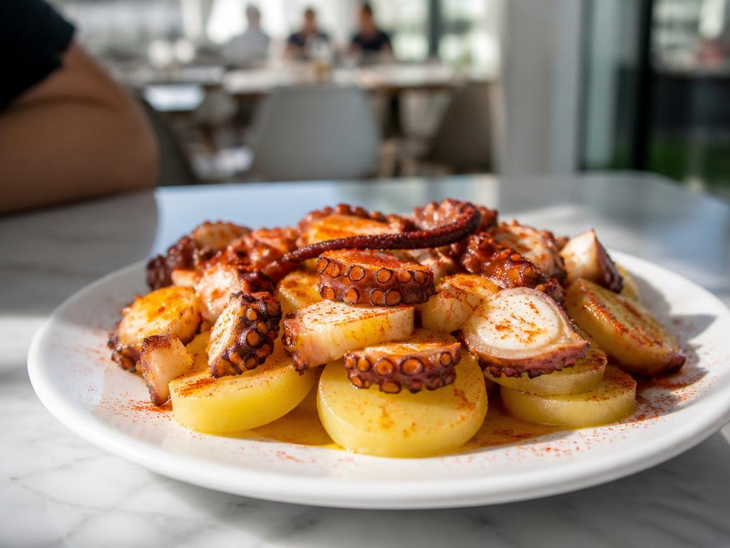 Tintenfisch vom Grill — angerichtet auf hellem Marmor, Tageslicht