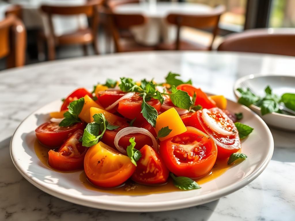 Tomatensalat — angerichtet auf hellem Marmor, Tageslicht