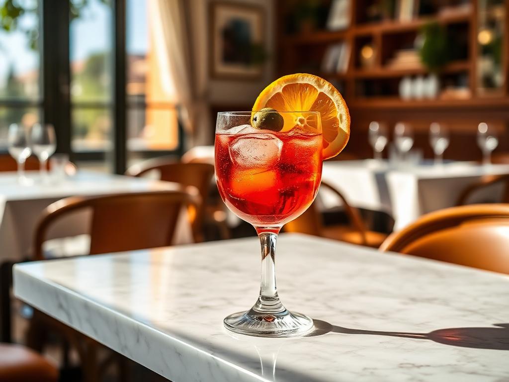 Vermut — angerichtet auf hellem Marmor, Tageslicht