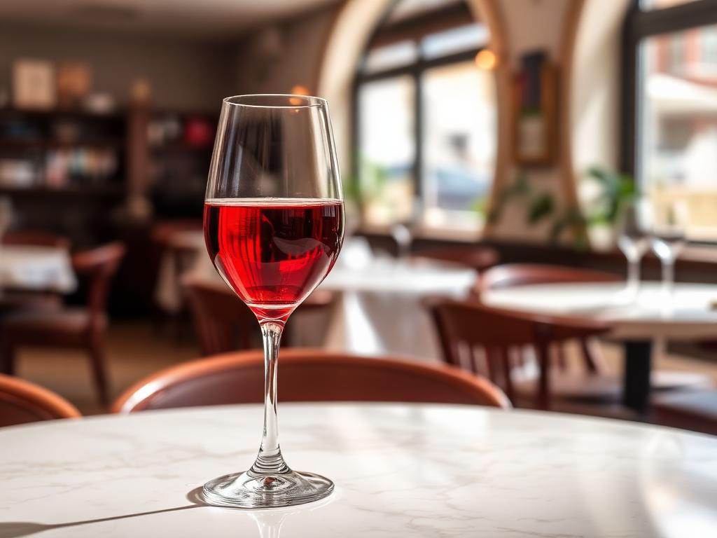 Wein offen, rot — angerichtet auf hellem Marmor, Tageslicht