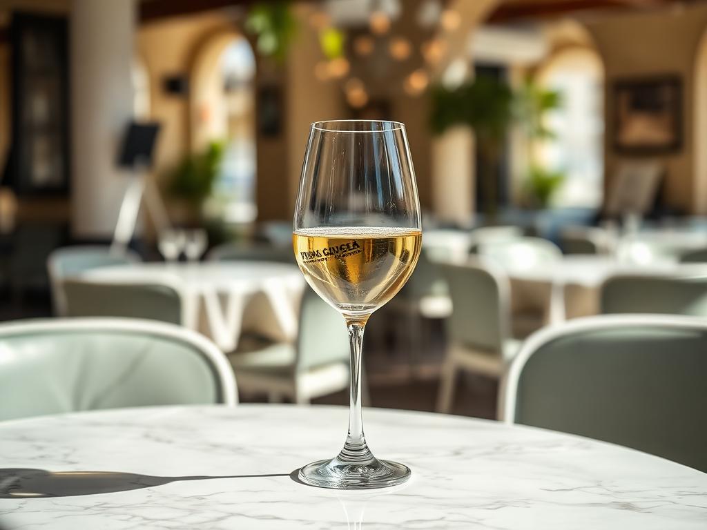Wein offen, weiß — angerichtet auf hellem Marmor, Tageslicht