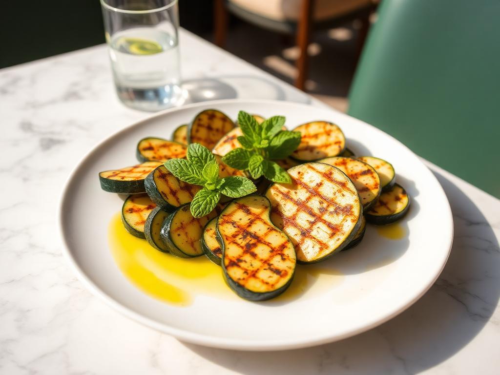 Gegrillte Zucchini — angerichtet auf hellem Marmor, Tageslicht